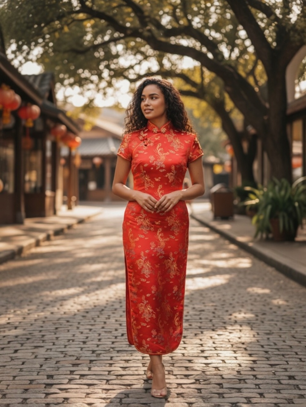 Uahong Mei Red Floral Mandarin Collar Dress - Elegant Women's Cheongsam XXXL